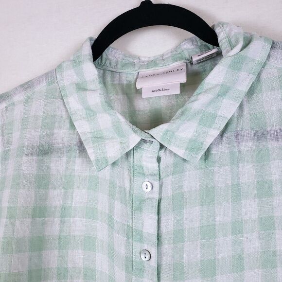 Cottagecore Gingham 100% Linen Top Womens XL Puff Sleeve Pastel Farm Mint Green - Picture 4 of 7